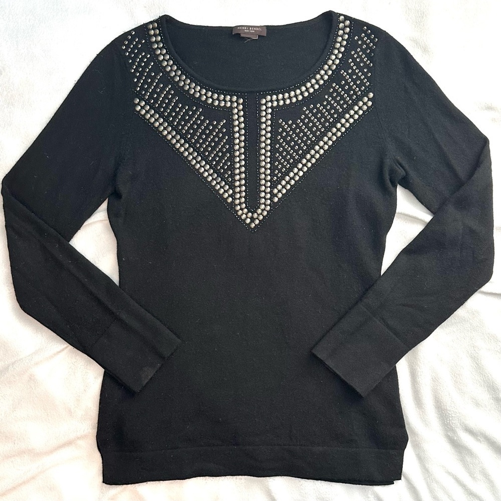 Henri Bendel Cashmere Scoop Neck Embellished Black Sweater M Silver Studs Beads